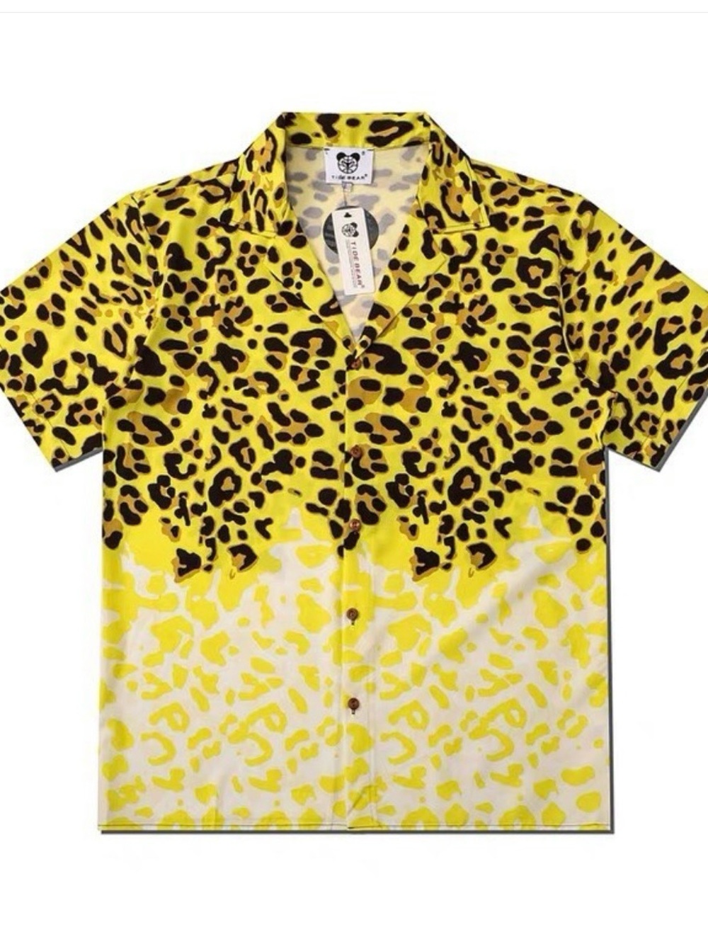 Men's Yellow Leopard Print Short Sleeve Button-Down Shirt - Unbranded